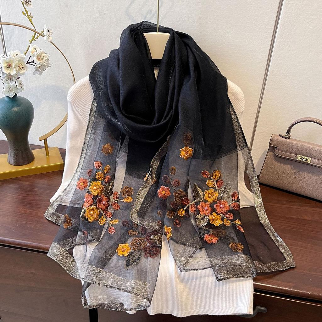 Spring Thin Exterior Shawl Dual-purpose Silk Wool Embroidered Scarf for Women's Gifts with High-end Light Luxury Mulberry Silk Scarf
