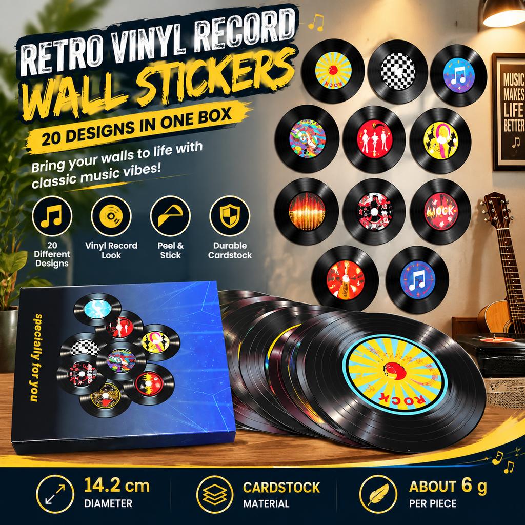 Retro Vinyl Record Wall Stickers, 20-Piece Box Set, Cardstock Round Decals, 14.2 cm Diameter