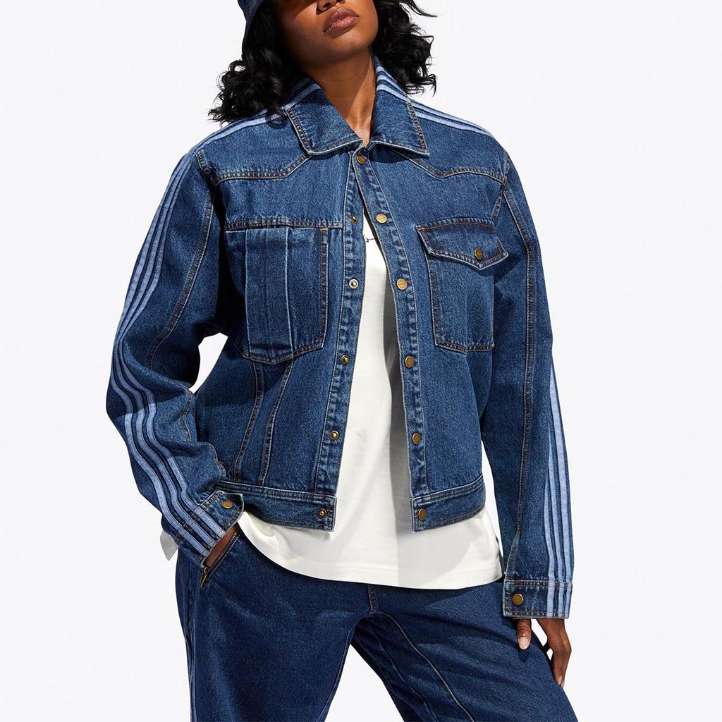 Adidas Originals Trefoil X Ivy Park Co-Branded Striped Single-Breasted Casual Denim Jacket Men Outerwear Blue HG6544
