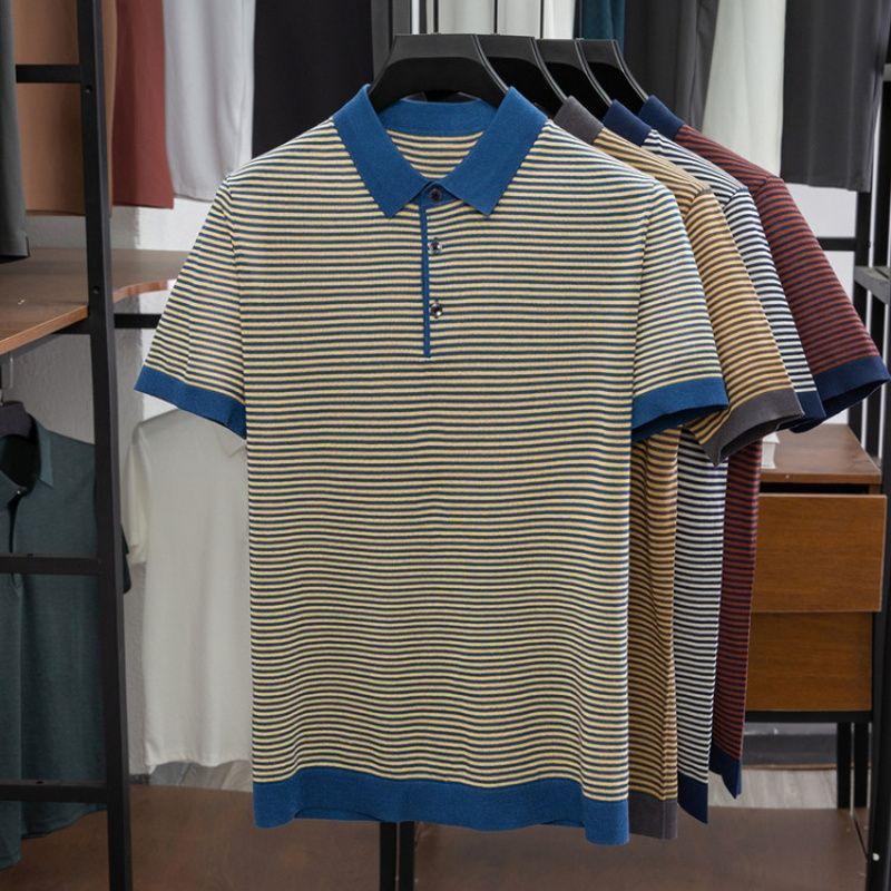 Striped Lapel Collar Short Sleeve Summer Men s Casual M