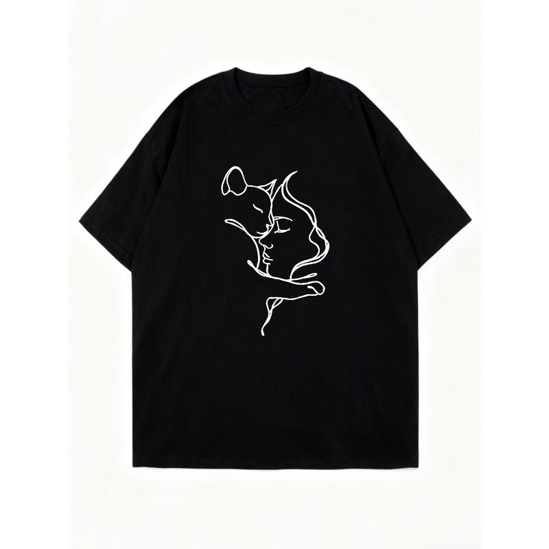 T-shirt Noir Oversize avec Imprimé Minimaliste Ligne Art Chat et Femme Pour Tenue Décontractée et Style Quotidien