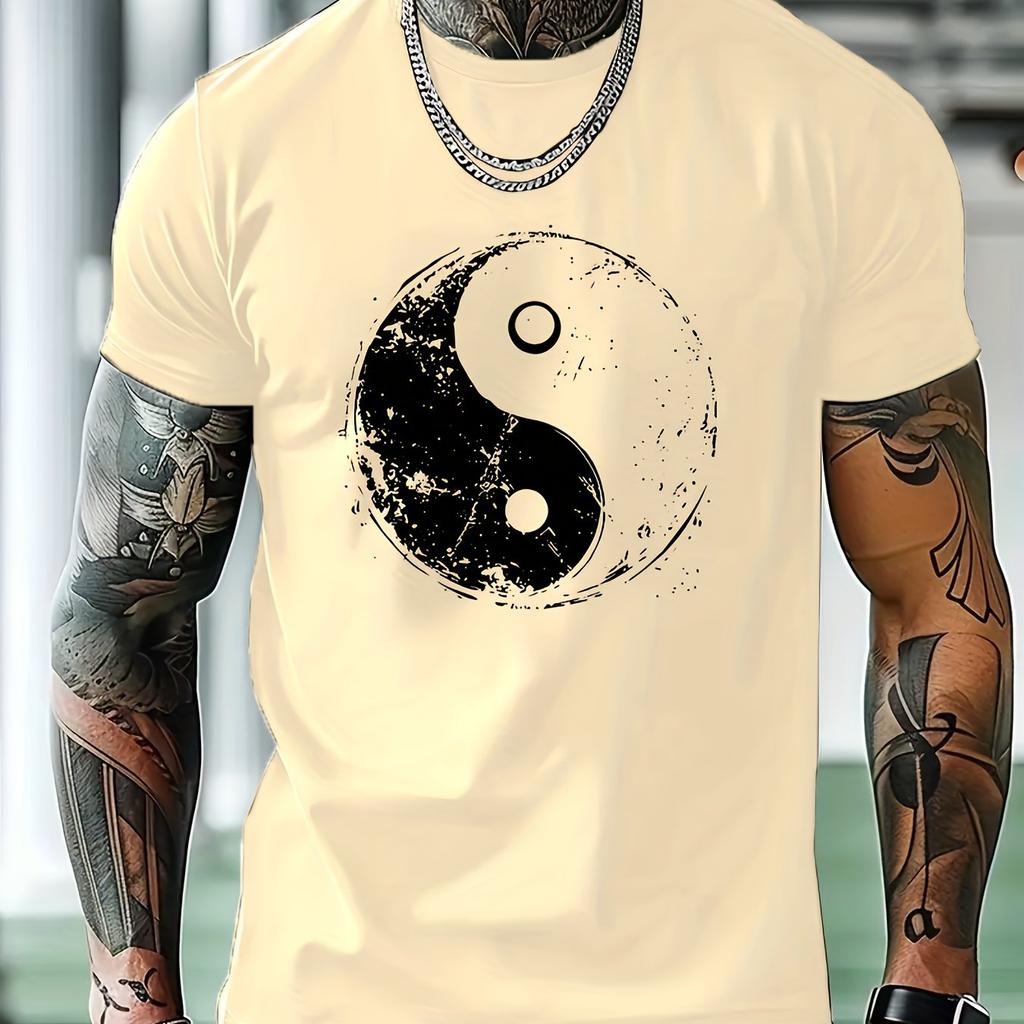 Yin Yang Graphic Print Mens Cotton TShirt Round Neck Short Sleeve Casual Summer Tee