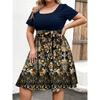 Women's Fashionable And Trendy Round Neck Short Sleeved Waist Print Dress In Plus Size