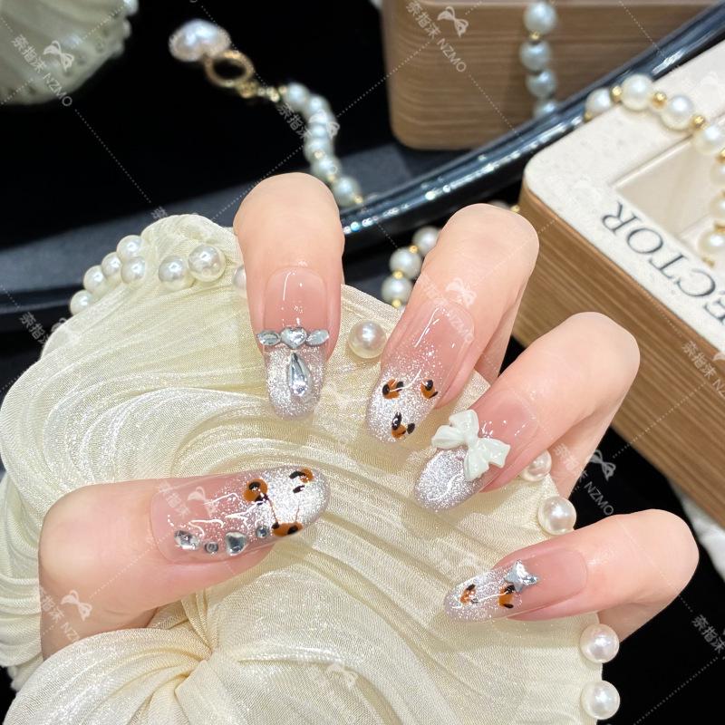 Cat Eye Bow Design Versatile Handmade Nails Extra Small (Medium Oval)