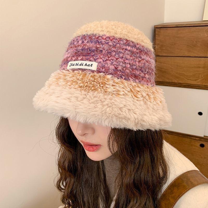 Women's Color Block Knitted Fisherman Hat - Warm, Thick, with Ear Protection & Large Brim, Perfect for Autumn/Winter.