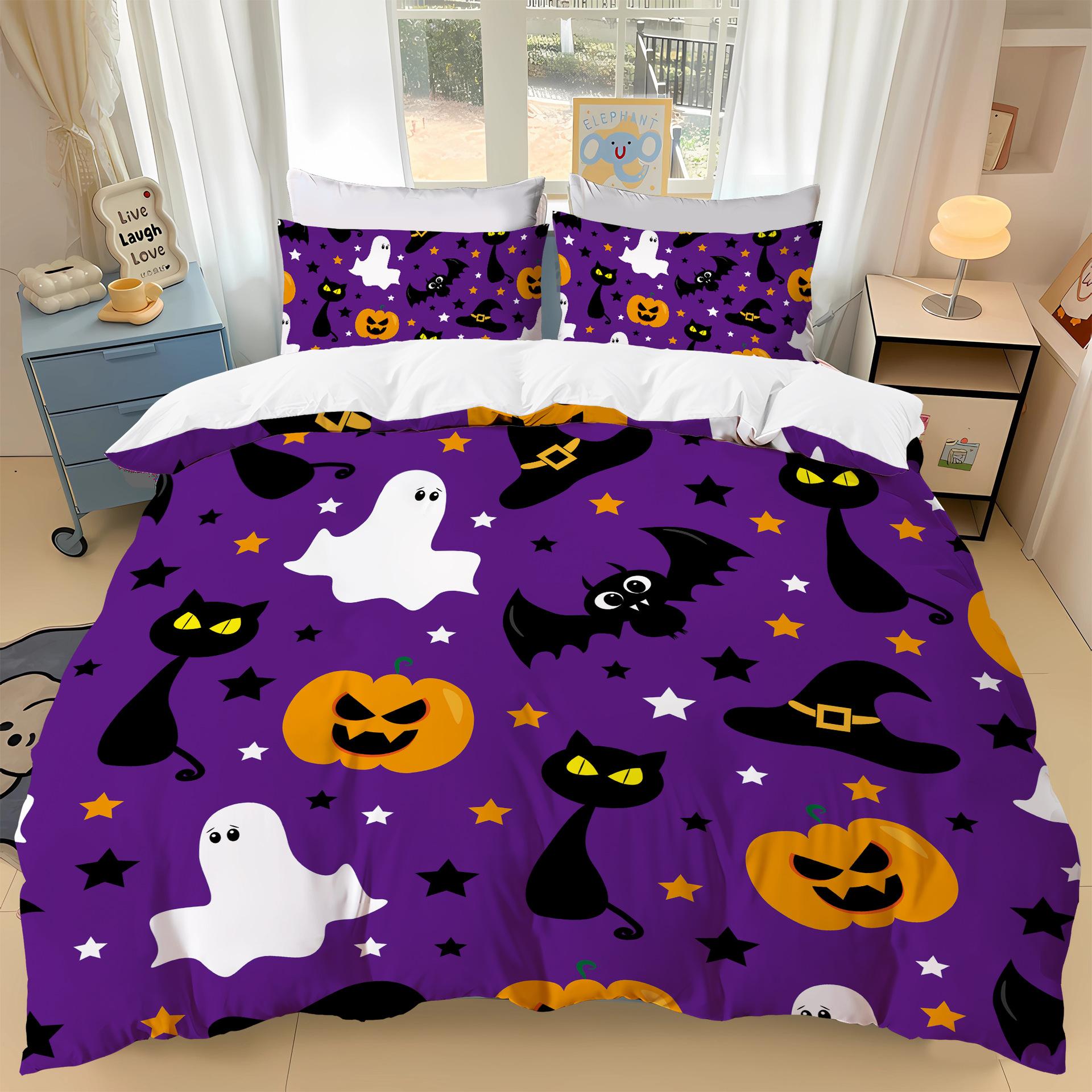 Ensemble de literie d'Halloween Motif Fleur Fantôme Mignonne Housse de couette Enfant Adulte Housse de couette Taie d'oreiller Simple Taille Queen 140X200CM-2PCS