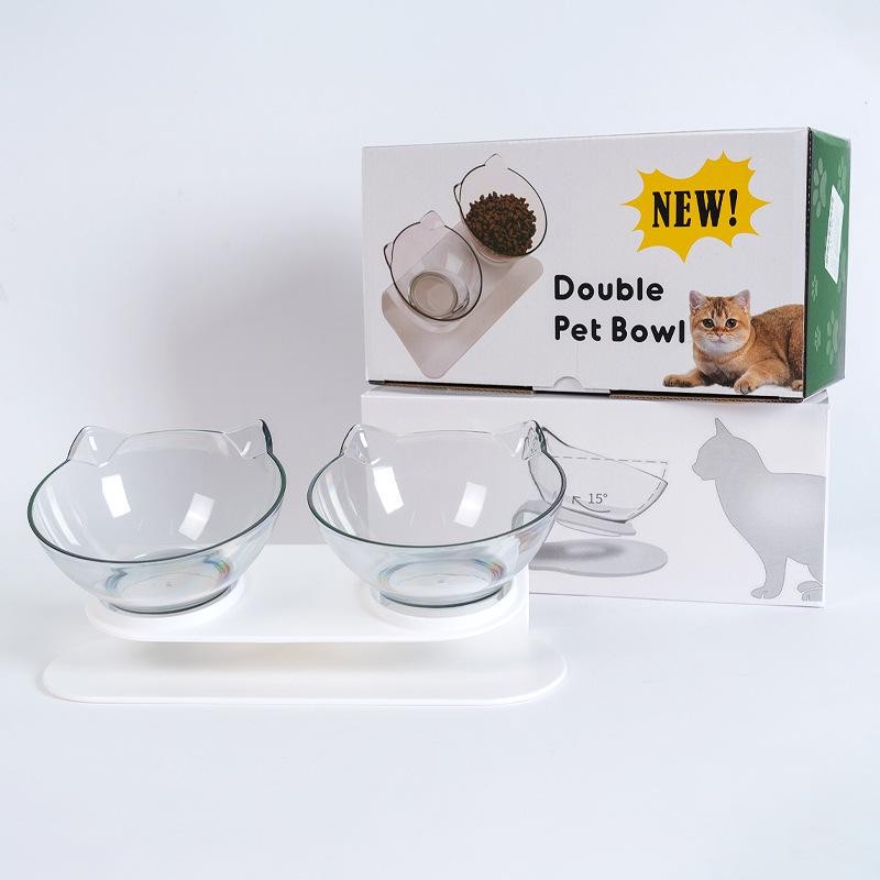 In-Stock Pet Cat Bowl: Tilted Transparent Cat Face Double Bowl with Neck Protection Transparent with Box (Random)
