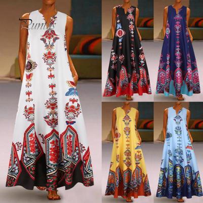 Plus Size Bohemian Summer Beach Women Sleeveless V Neck Loose Kaftan Maxi Dress