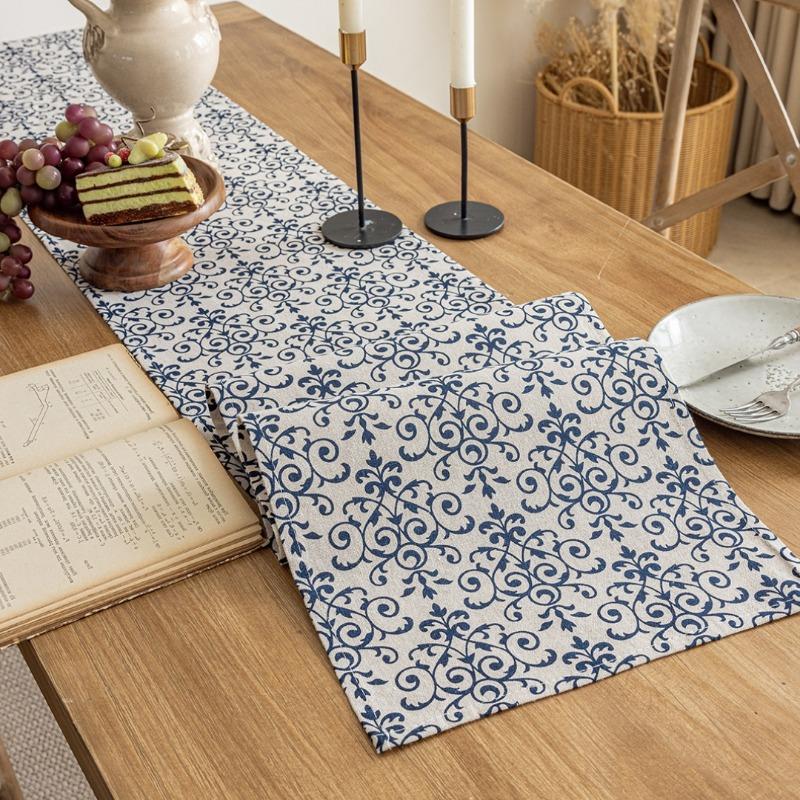 French Country Blue Floral Table Runner Vintage Stripe Print Runner Dining Table Kitchen Decor Dustproof Easy To Clean Rectangular Table Flag