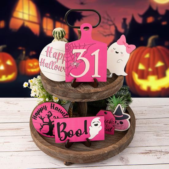Halloween Tiered Tray Decor Set Happy Halloween Wooden Signs Cute Ghost Model Witch Spider Hat Ornaments Festive Atmosphere Decoration
