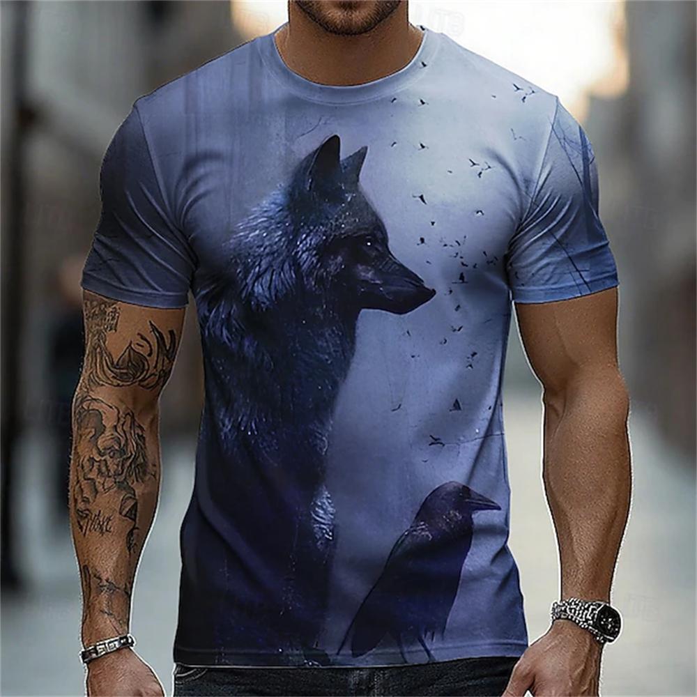 Men's Summer Crew-Neck T-Shirt with Cool Lion Print Casual Short-Sleeve Loose-Fit Pullover Fashionable Street Style for Men
