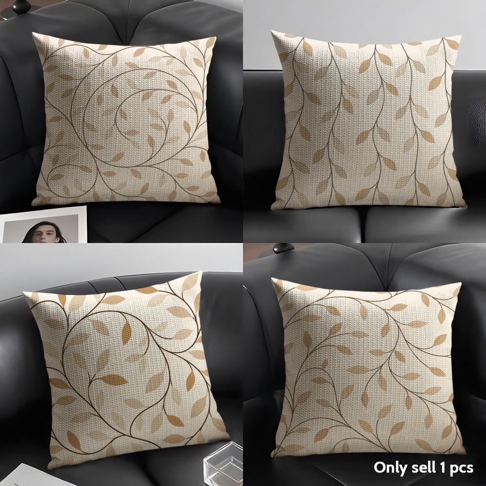 Minimalist Beige Vine Leaf Cushion Cover Durable Hypoallergenic Organic Linen Short Pillow Cover Washable