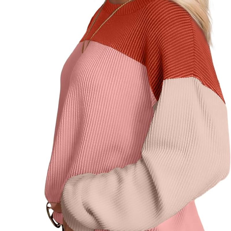 Women Fashion Color Block Long Sleeve O-neck Knitted Ribbed Casual Loose Pullovers