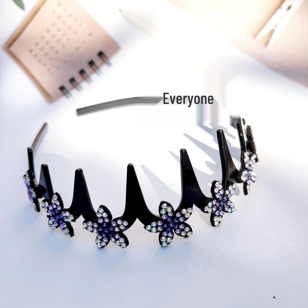 Korean Sparkly Rhinestone Flower Wavy Black Headband with Non-slip Teeth for Women