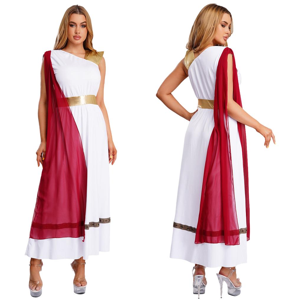 Dam Antik Grekisk Kostym Ärmlös Högmidjad Tunika Klänning Guld Romersk Kejsarinna Toga Halloweenfest Klänning