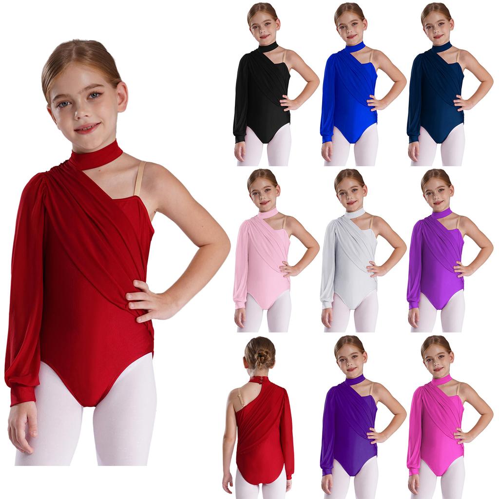 Jenter Ene Skulder Danse Drakotard Sceneopptredelseskostyme Mock Neck Langermet Rynket Nettoverlegg Bodysuit for Barn Gymnastikk