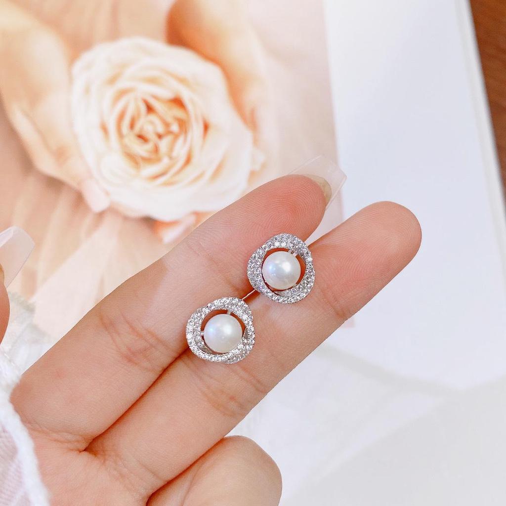S925 Sterling Silver Diamond-Inlaid Rose Pearl Stud Earrings - Women’s Japanese Korean Niche Luxury, Comfortable for Sleeping with Pierced Ears