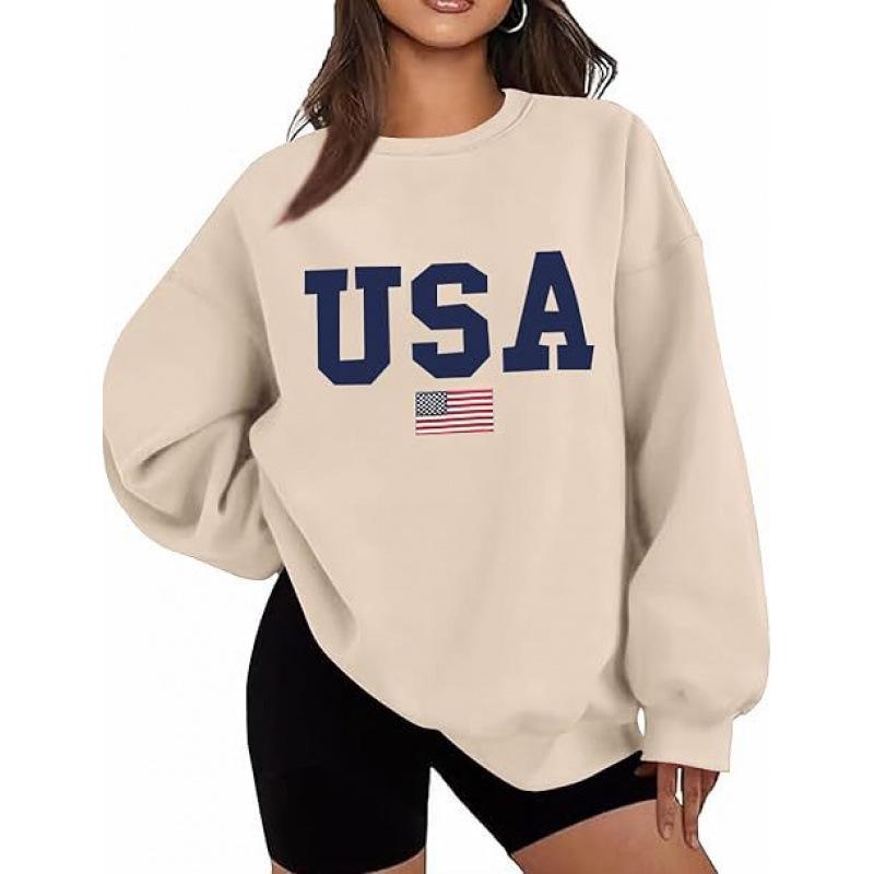 Women's Gothic Harajuku Plus Size Round Neck Hoodie with American Flag Print