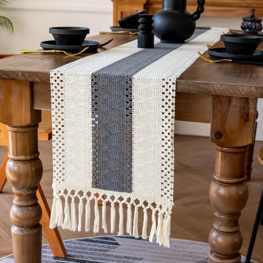 Nordic Light Luxury Cotton Linen Color Block Tassel Table Runner