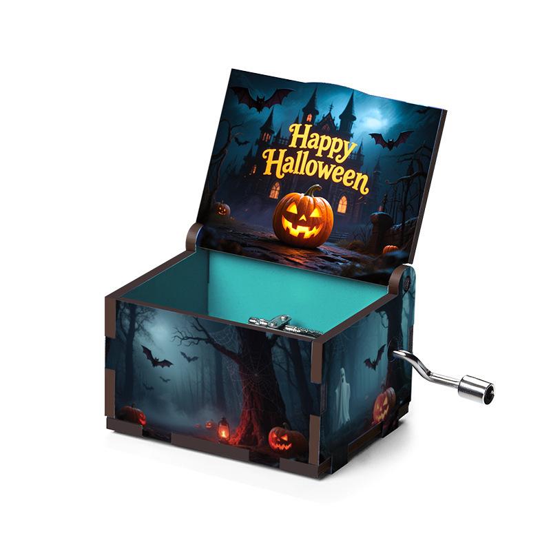 

2025 Latest Spooky Holiday Collection Line Art Six sided Painted Hand Cranked Music High Quality Case Holiday Present
