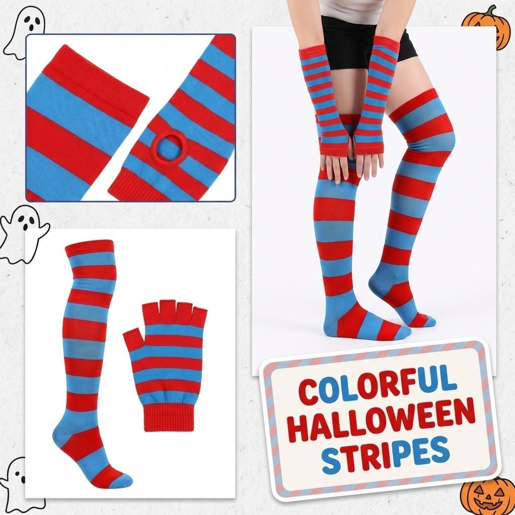 Halloween Kleurrijke Gestreepte Over-de-Knie Sokken en Bijpassende Handschoenen Set voor Feest