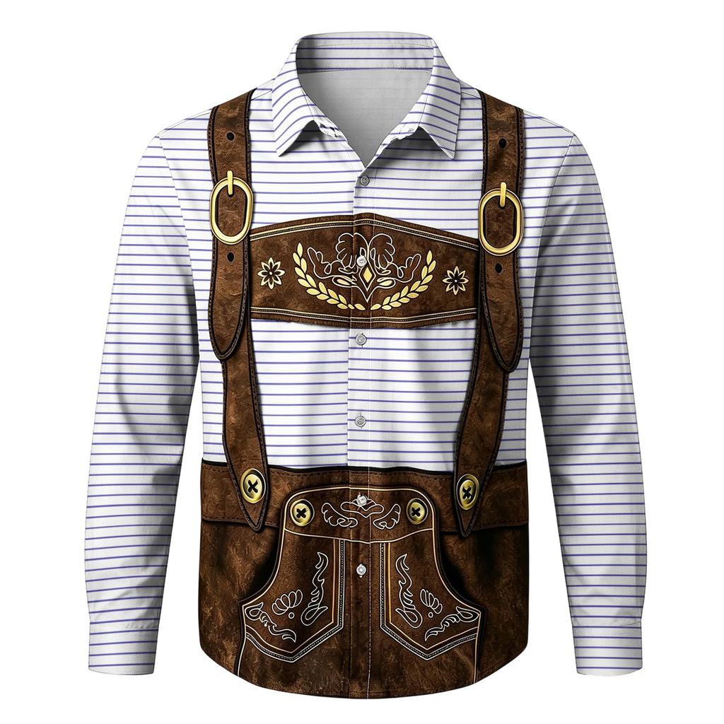 Herren Oktoberfest 3D-Druck Locker geschnitten Langarmhemd mit Reverskragen Vintage Lässig Outdoor Festival Party Atmungsaktives Oberteil