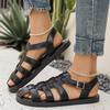 Large size woven one-word buckle belt hollow flat sandals summer new comfortable versatile Roman sandals