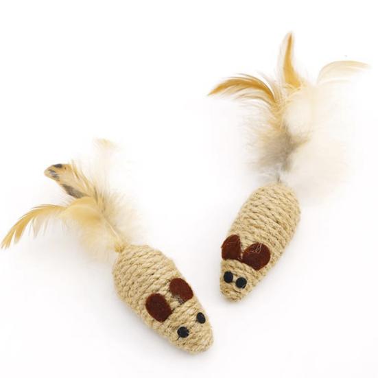 2Pcs Rope Mouse Cat Toys Rat Shape Cat Chew Toy with Feather Tail Interactive Kitten Kicker Toys Stimulate Hunting Instincts for Indoor Cats