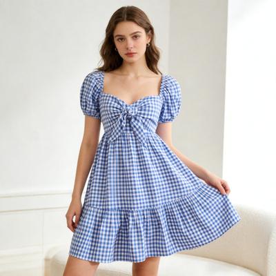 New French Plaid Dress Women's Bubble Sleeves Waist A-shaped Skirt Fresh and Sweet Short Skirt Summer Women's Clothing