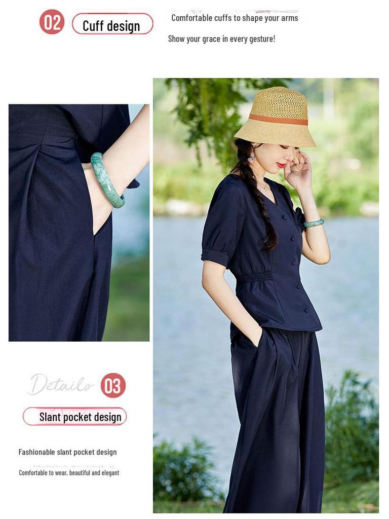 2023 Sommer Neu Elastischer Bund Weitbeiniger Rock Hose mit Bluse Zweiteiliges Set - Stil 9286