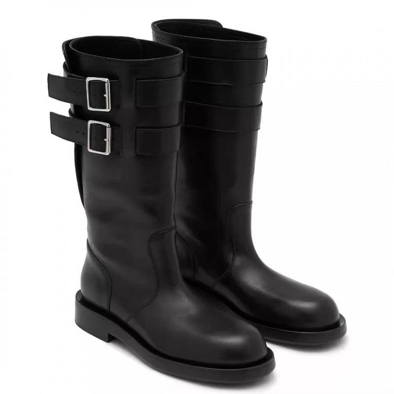 Cowhide~ Black Belt Buckle Low Heel Medium Boots Locomotive Boots Genuine Leather Autumn and Winter New Round Head Tall Knight Boots Women