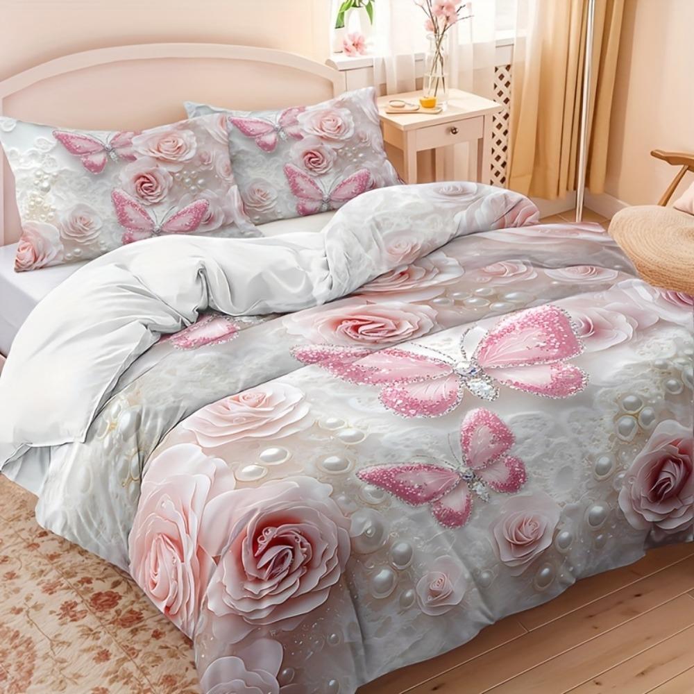 3pcs Pink Bedding Set Butterfly Flowers Printed Cozy Duvet Cover King Queen Twin Size Birthday Gift for Adult Bedroom Decoration