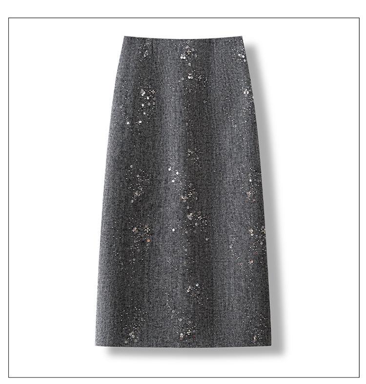Sequined Woolen High-Waist Straight Skirt for Women