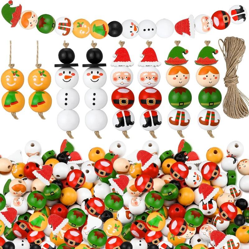 Christmas Snowman Wooden Beads Set DIY Xmas Tree Hanging Pendants Winter Santa Ornaments Creative Handmade Wood Loose Bead Decor