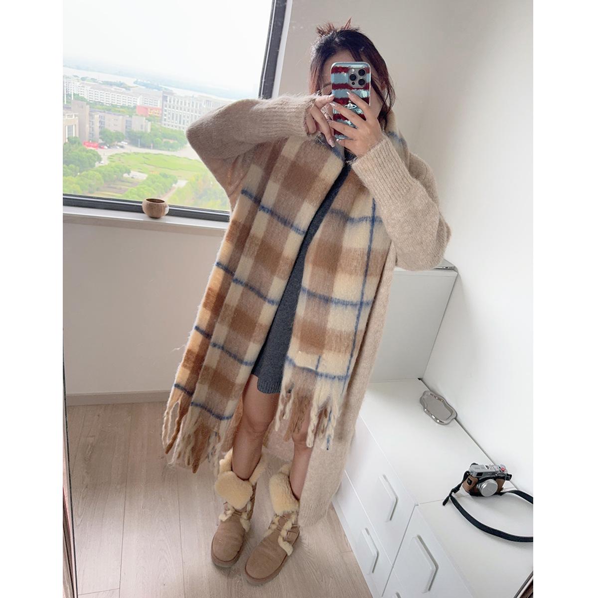 Women s High-End Mohair Plaid Scarf – British Style, Long  Warm
