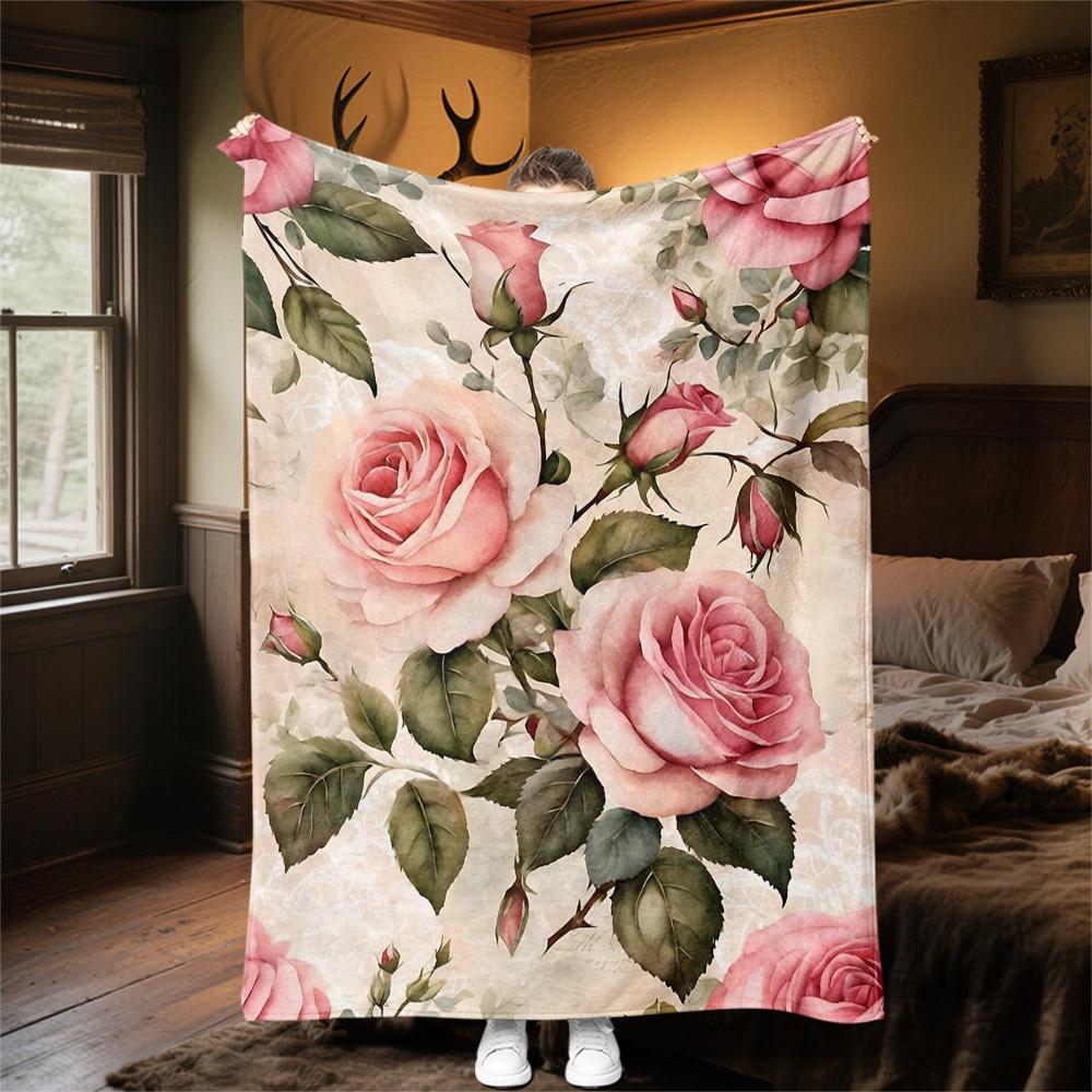 1PC Rose LaceOutdoor Flannel Blanket - Soft Plush Decor for Picnics, camping, Bedroom, Playroom, Office, or Lunch Break 1337A