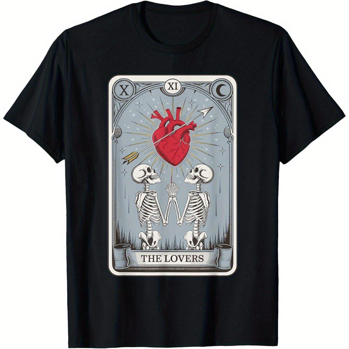 The Lovers Tarot Skeleton Heart Graphic Cotton T-Shirt Unisex Casual Short Sleeve Daily Tee S