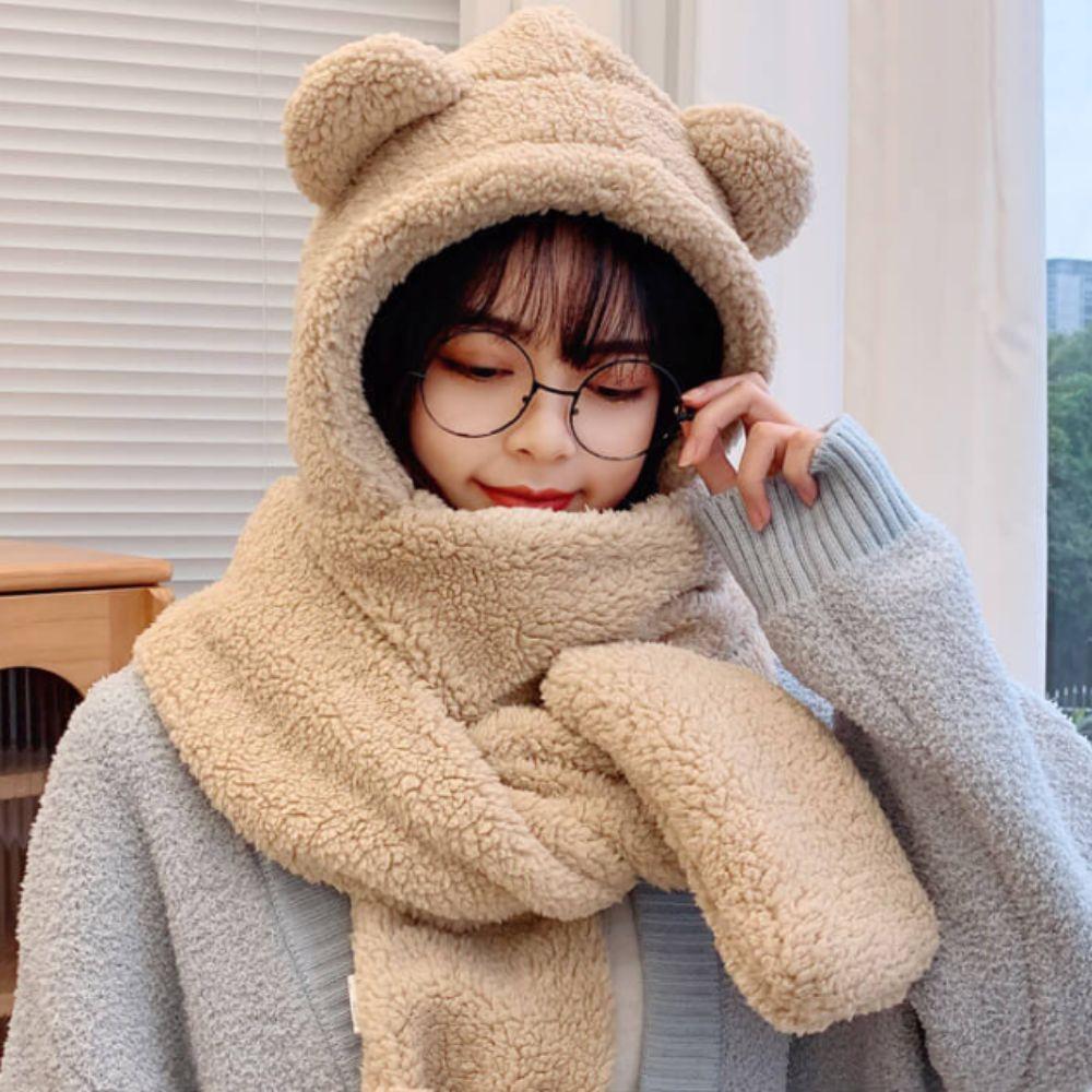 Thickened Plush Scarf Hat Gloves 3 in 1 Fleece Scarves Hat Sweet Bear Ear Plush Beanie  Winter