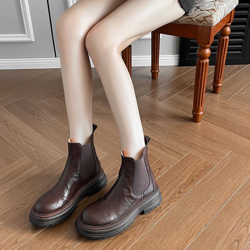 Chelsea Short Boots for Women with Hand-grabbing Leather Thick-soled Retro British Style Autumn and Winter Style Elastic One-foot Boots