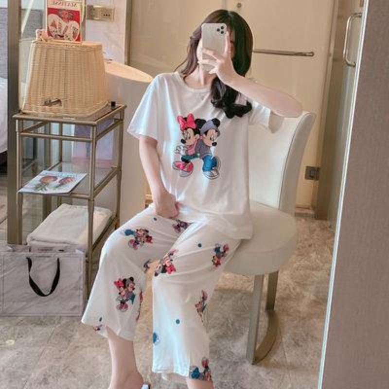 Pajamas women's short-sleeved trousers summer cartoon cute 2 new cartoon spring and summer loungewear suit can be worn outside