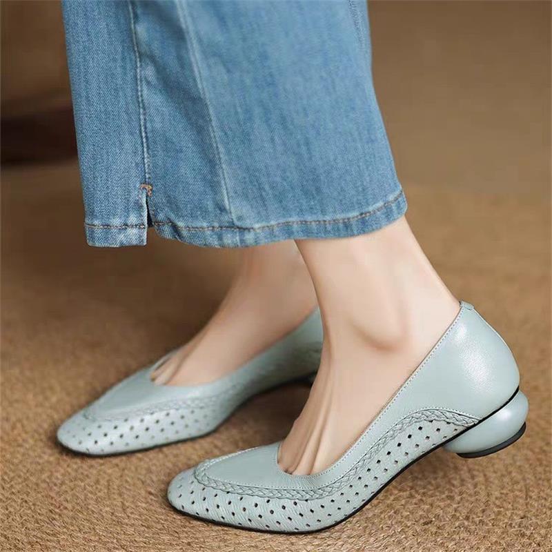

2025 summer French square head hollow breathable thick heel shallow mouth single shoes women s middle heel bag head sandals soft leather hole shoes 40