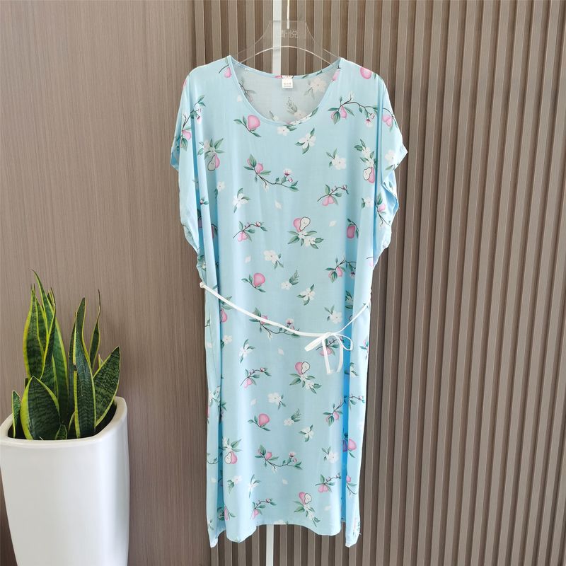 Multi-Color Silk Cotton Dress Home Wear Shoelace round Collar Skirt Special Treatment Rayon Nightdress for Women