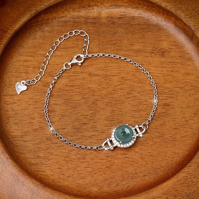 Ping An buckle sterling silver s925 bracelet, natural blue water jadeite retro exquisite temperament, new jewelry women's daily jewelry gifts