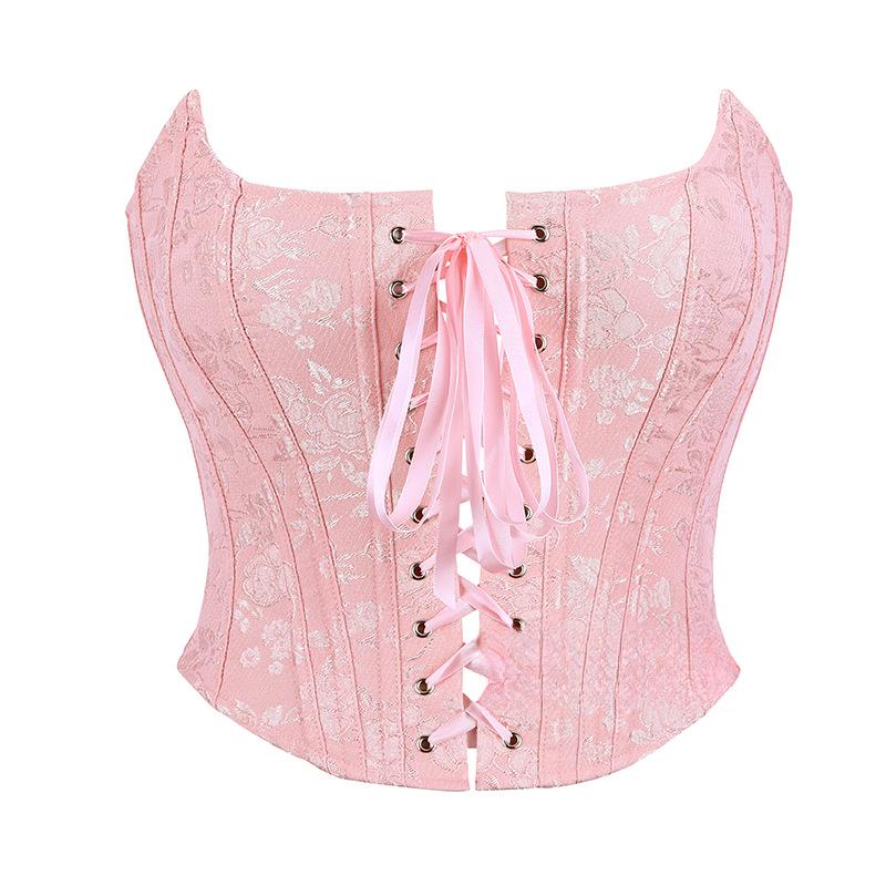 Strapless Floral Jacquard Corset Top, Front Lace Up Boned Waist Trainer Bustier For Outerwear Layering