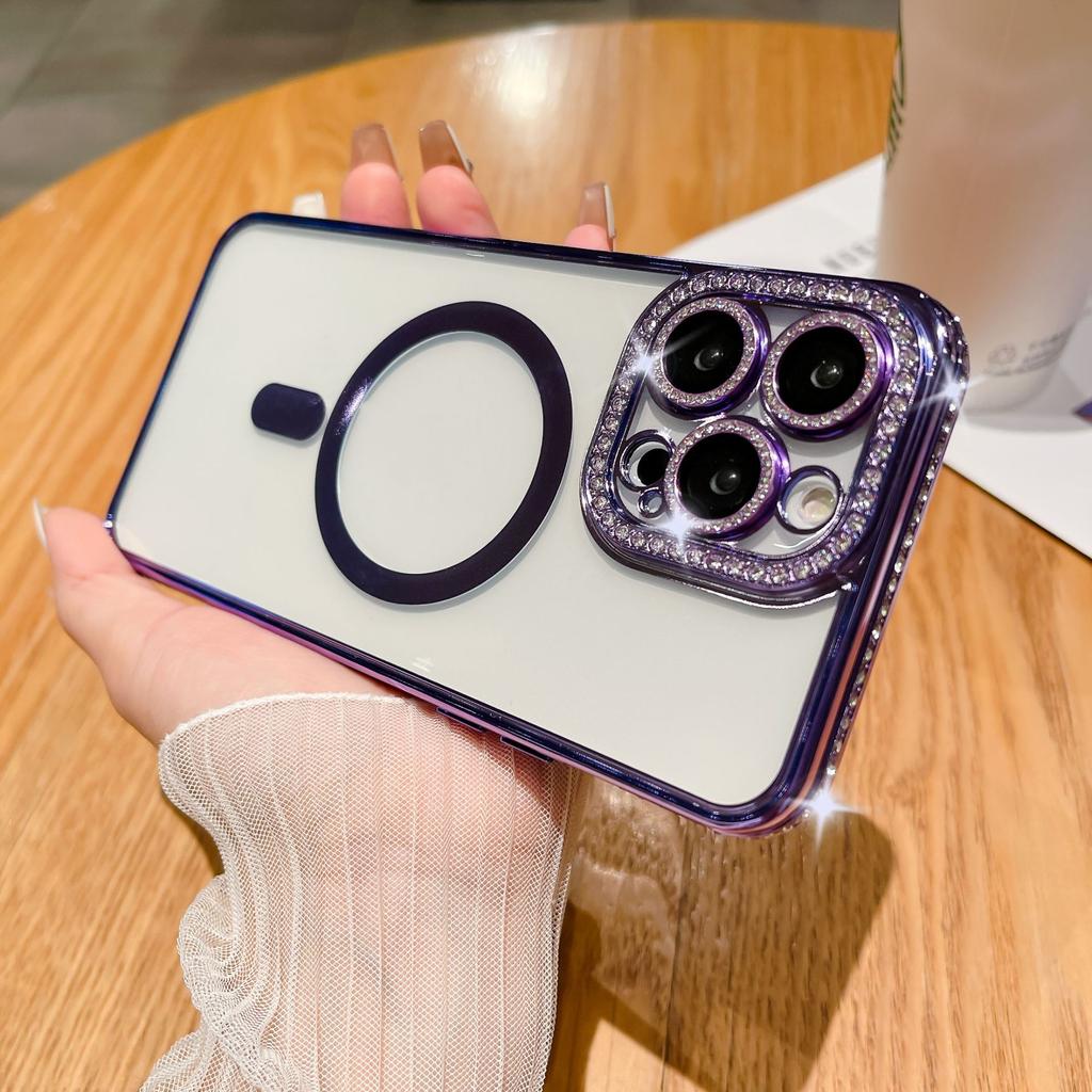 Color diamond mobile phone case Magnetic flash drill mobile phone case Edge drill, suitable for 14PROMAX lens electroplating magnetic mobile phone ca
