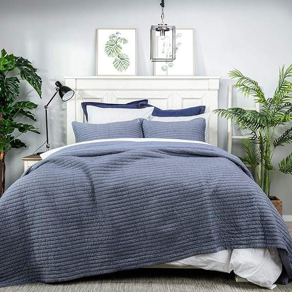 

Lightweight Cotton Chambray Bedding Quilt with Channel Stitching, Queen Size