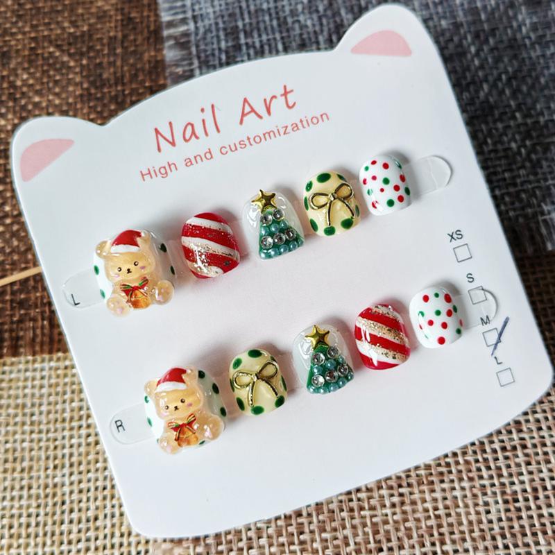 Handmade Wearable Christmas Bear Nail Stickers for Kids Ages 3-12 - Cute Cartoon Design