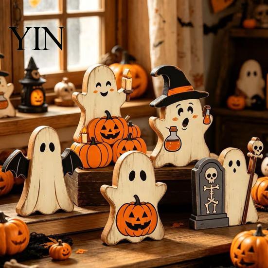Charming Entrance Countertop Decor Halloween Cute Ghost Sign, Pumpkin Tombstone Wooden Plaque Rustic Spooky Party Centerpiece for Tiered Tray