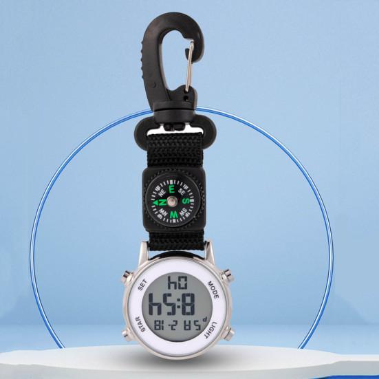 Orologio da tasca Multifunzione Movimento al quarzo Resistente all'acqua Display digitale Bussola accurata Quadrante rotondo Sport Escursionismo Moschettone Orologio da tasca