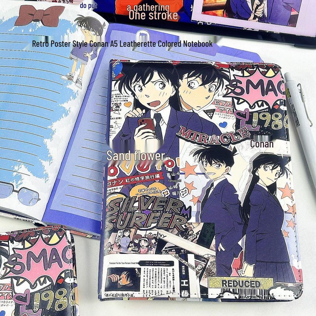 Detective Conan Retro Poster A5 Leather Notebook – Full-Color Illustrated Pages, Student Planner with Horizontal Lined Pages